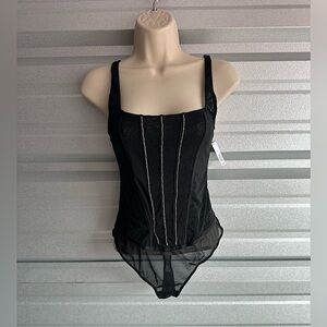Women’s AUDEN Sexy Black Sheer Rhinestone Bling BODYSUIT NWT Size Small